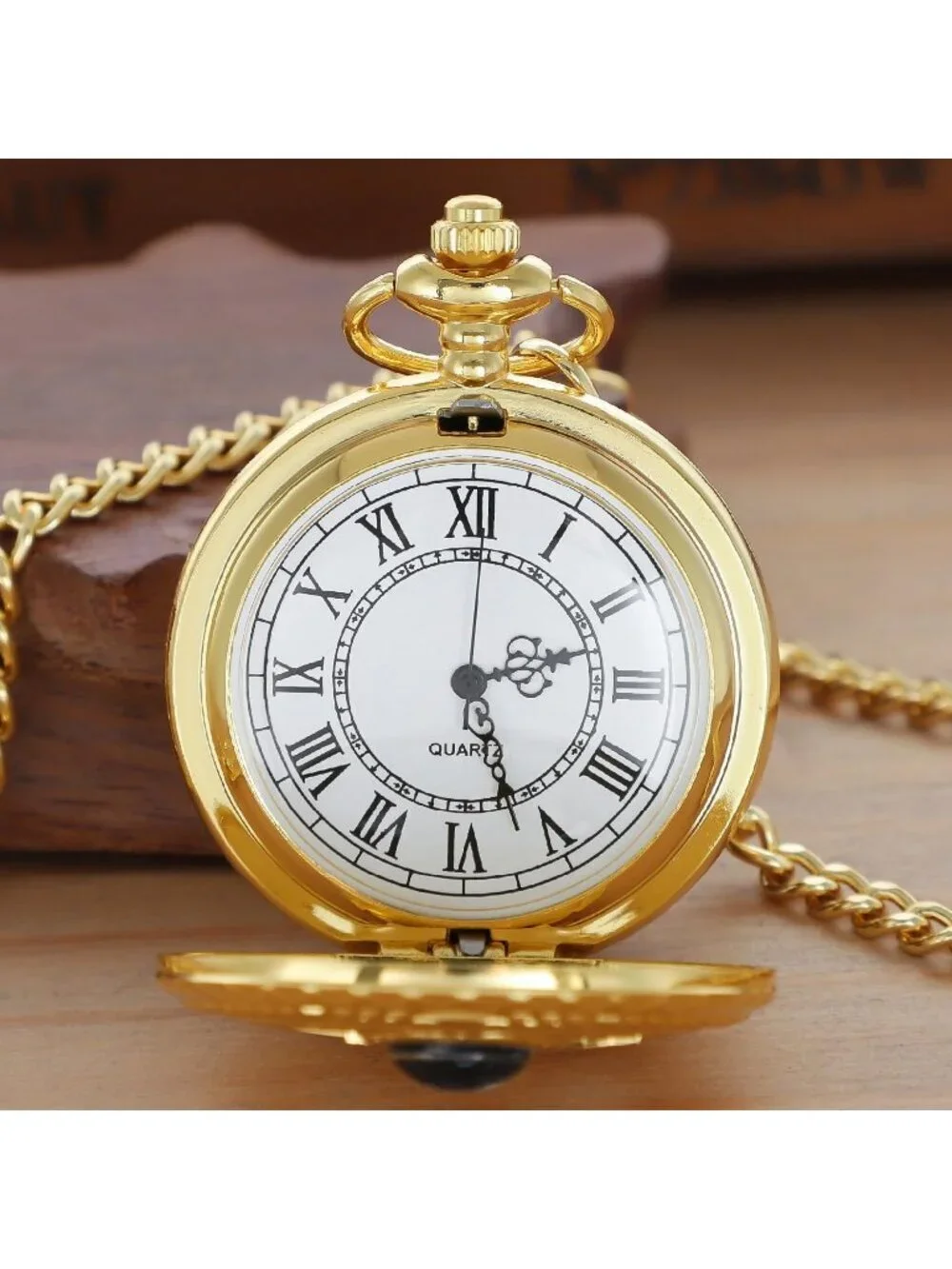 Men's All Gold Analog Quartz Arabic Numeral Moon Phase Chain Dial Pocket Watch